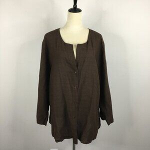 EILEEN FISHER Slit Sleeve Brown Italian Fabric Linen Blend Textured Button Shirt